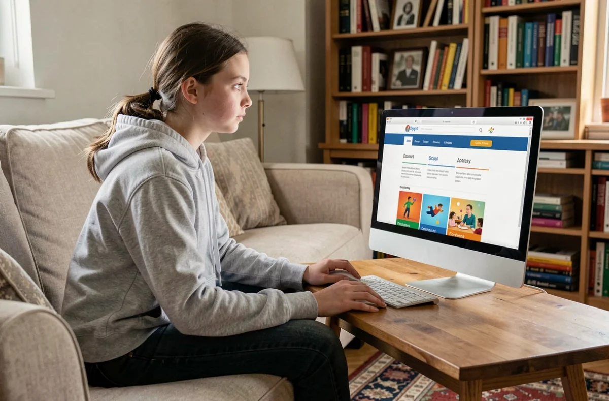 Adolescente naviguant sur un site éducatif structuré depuis un ordinateur de bureau dans un salon confortable