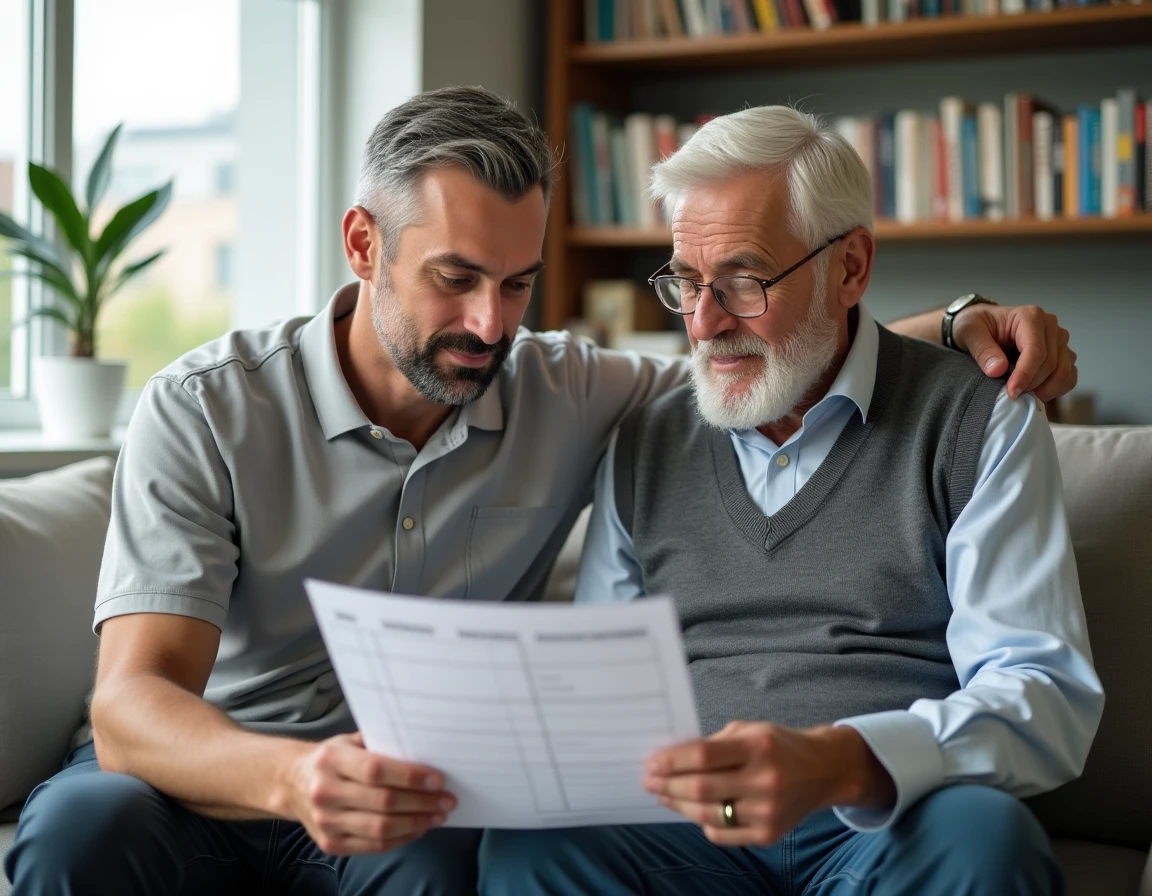 Aide-soignant et senior examinant ensemble un planning de services à domicile dans un appartement résidence seniors moderne