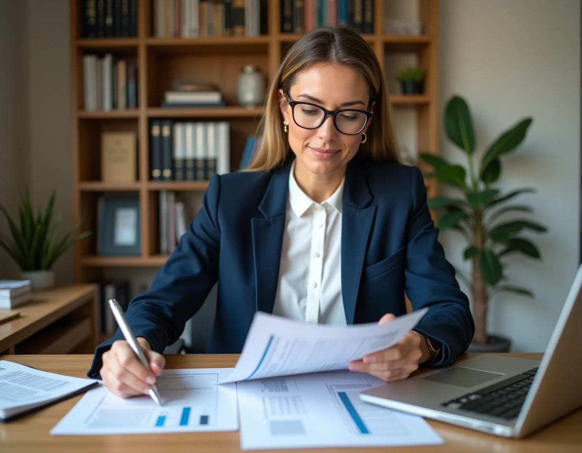 Femme professionnelle analysant des documents de calcul de patrimoine immobilier net à son bureau