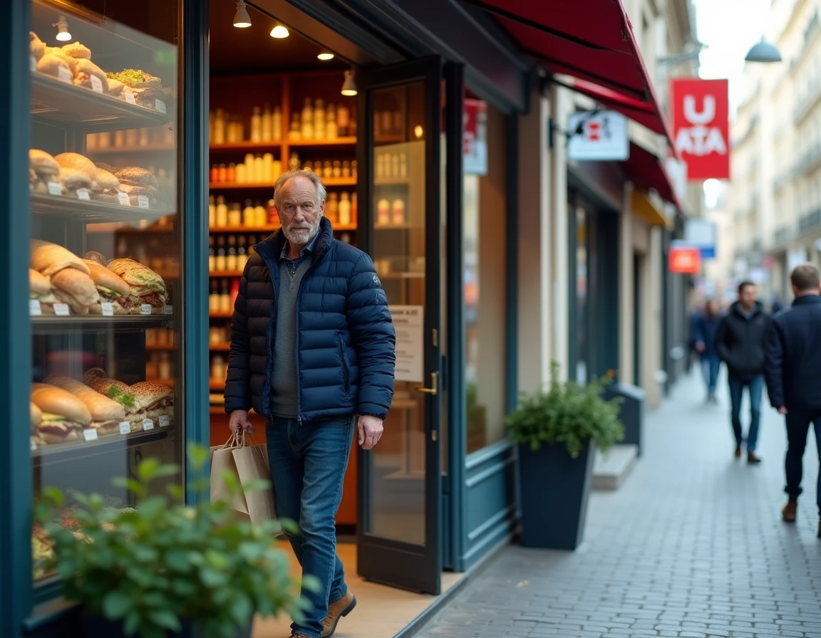 Façade d'un Carrefour Express en centre-ville avec un client sortant du magasin