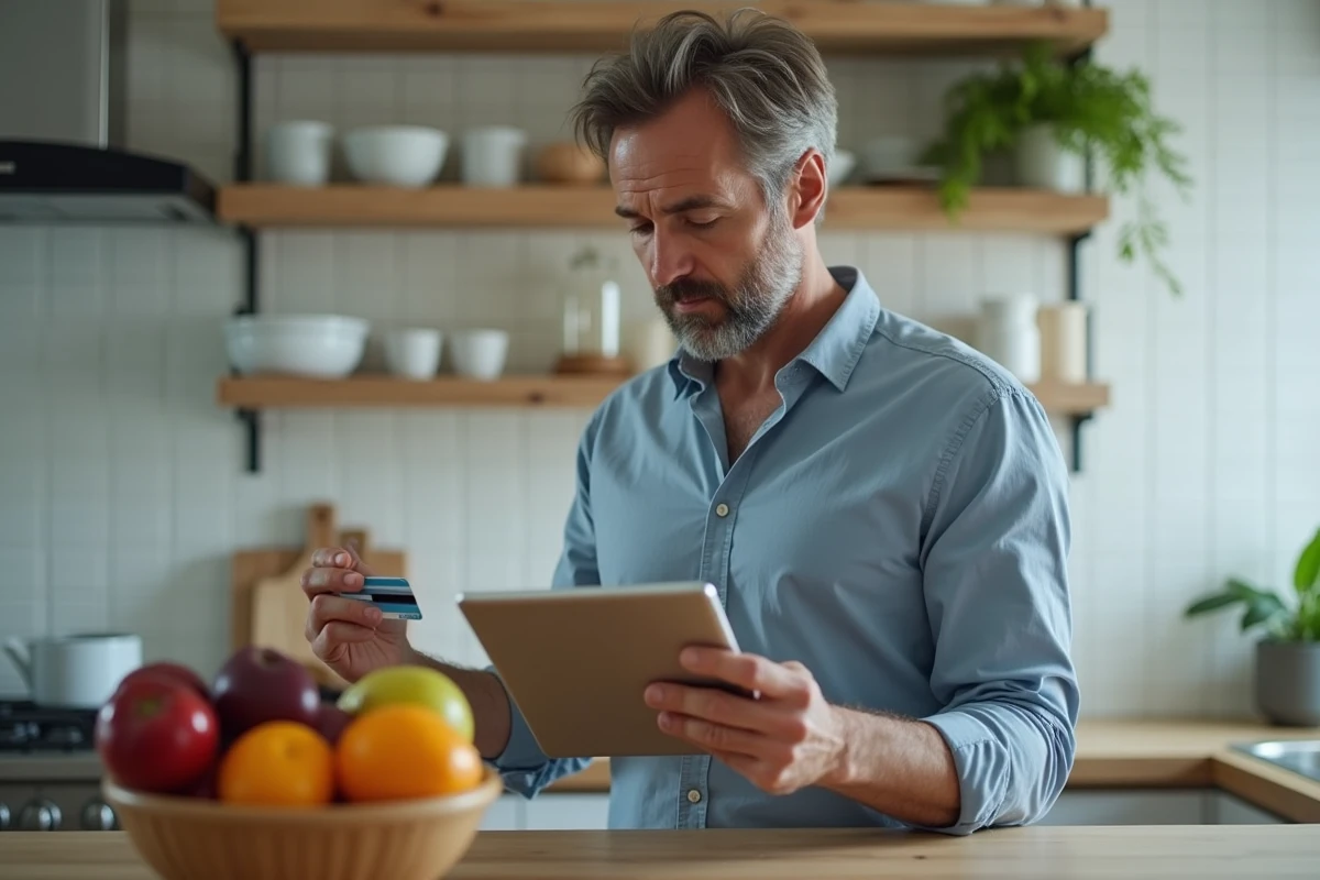 Homme tenant une carte bancaire face à une tablette affichant une page de paiement en ligne sans validation 3D Secure
