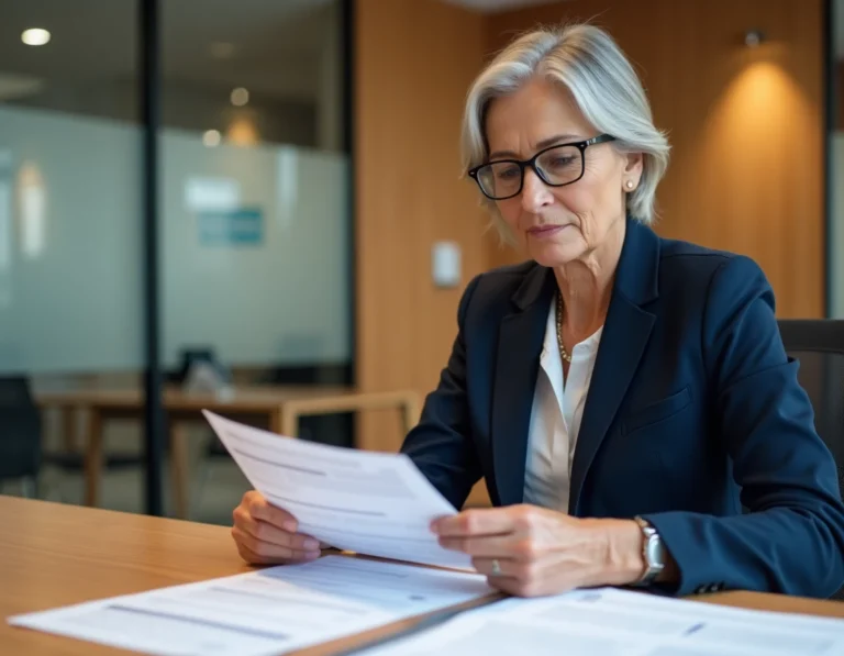 Femme consultant des documents bancaires dans une agence française moderne, illustrant la sécurité et la fiabilité des banques françaises en 2024