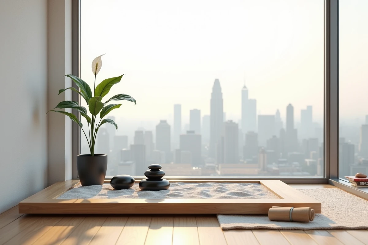 Coin zen intérieur minimaliste avec bac à sable et pierres noires près d'une grande fenêtre urbaine