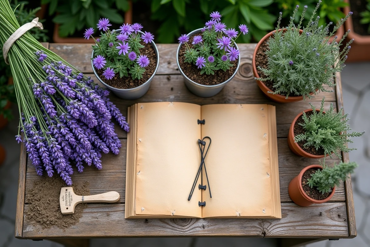 Composition de lavande récoltée avec plantes compagnes, notes de jardinage et pots sur une table en bois extérieure