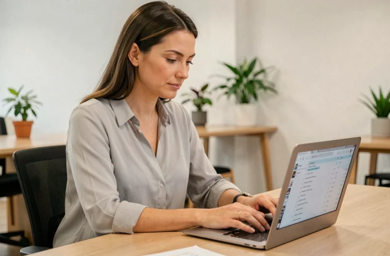 Femme connectée à son webmail académique sur un ordinateur portable dans un bureau professionnel