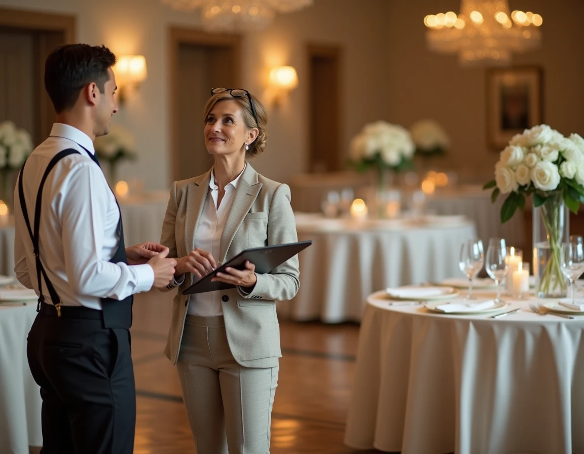Coordinatrice de mariage en discussion avec un traiteur dans une salle de réception élégamment décorée