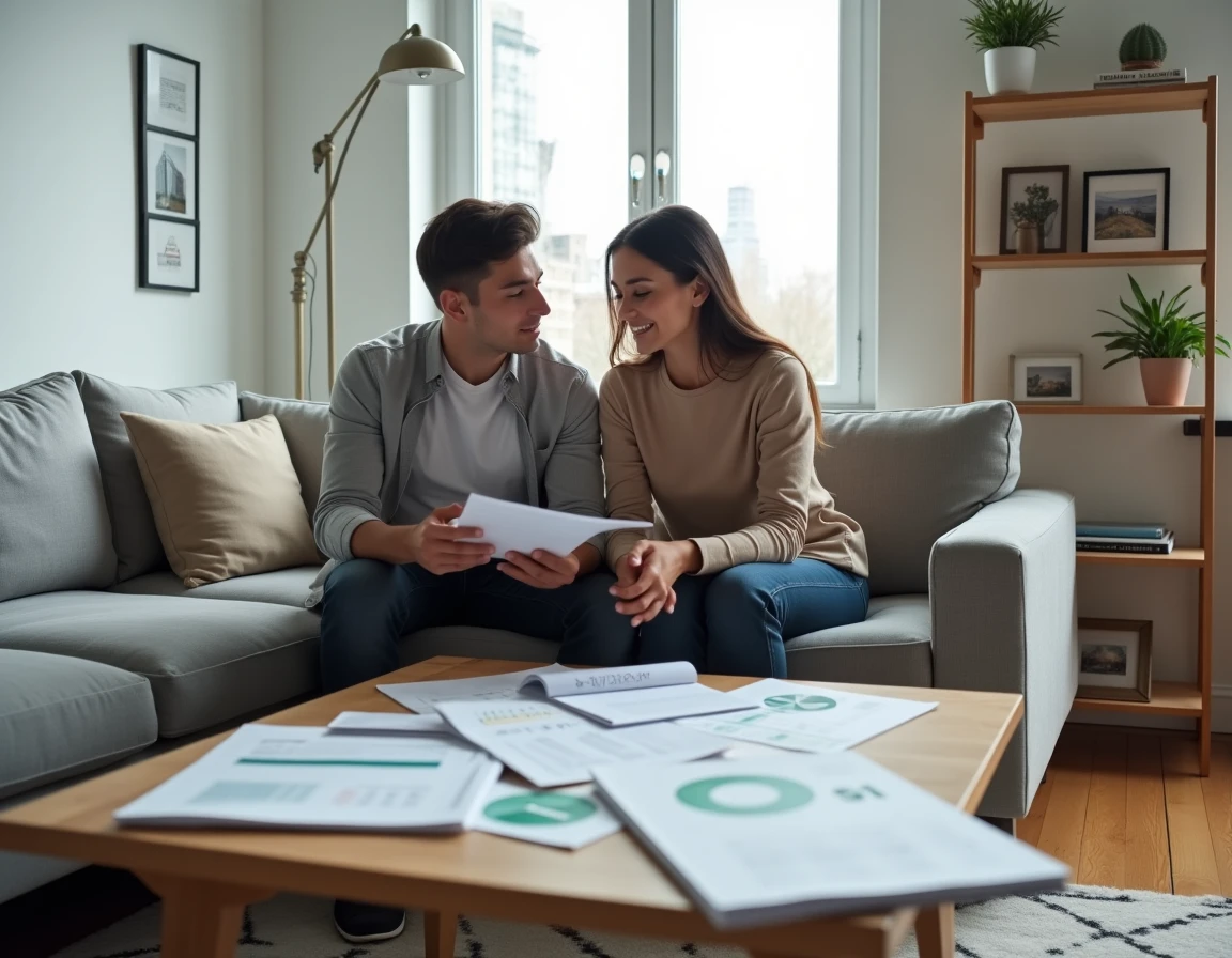 Couple jeune calculant le patrimoine immobilier net ensemble sur un canapé entouré de documents financiers