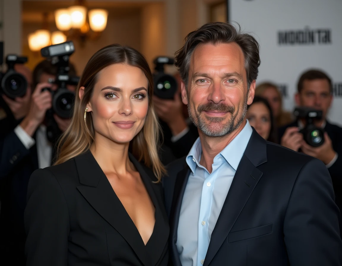 Couple souriant et serein face aux médias lors d'un événement public, affichant leur unité malgré les rumeurs