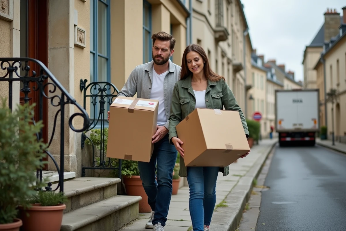 Couple portant des cartons devant une maison en pierre lors d'un déménagement en ville