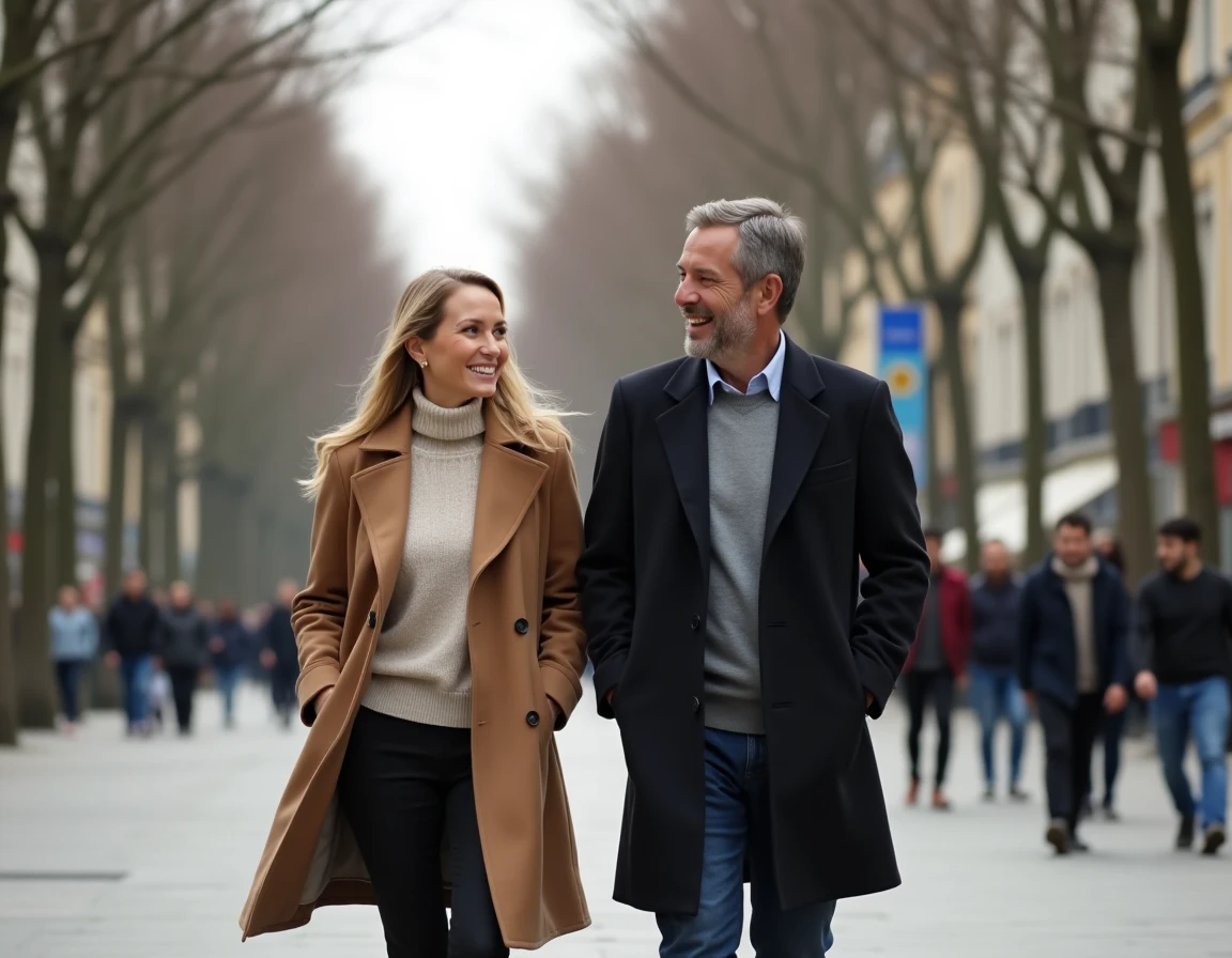 Couple marchant avec naturel sur un boulevard parisien printanier, saisi dans un moment candide et complice