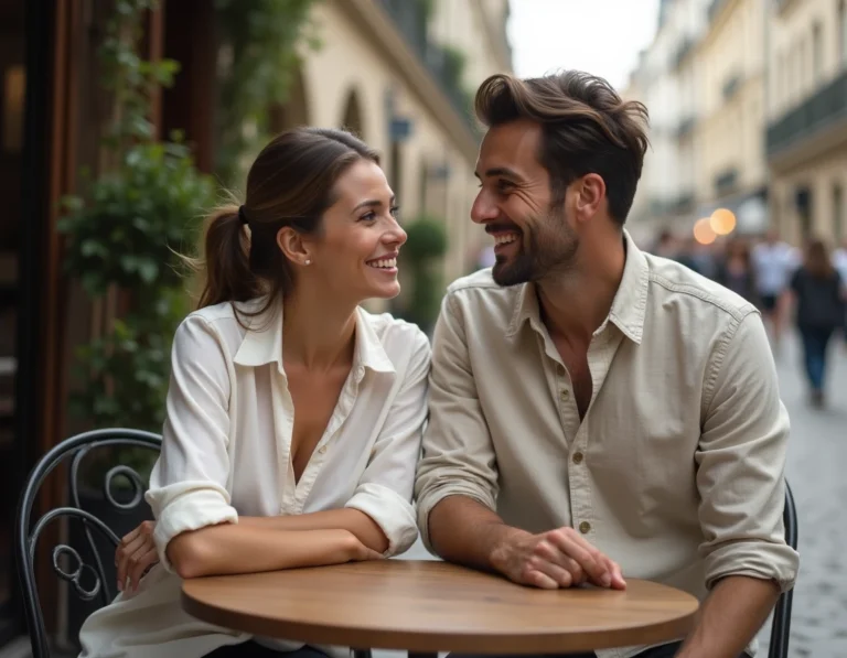 Couple complice attablé à une terrasse parisienne, partageant un moment authentique et détendu en 2026