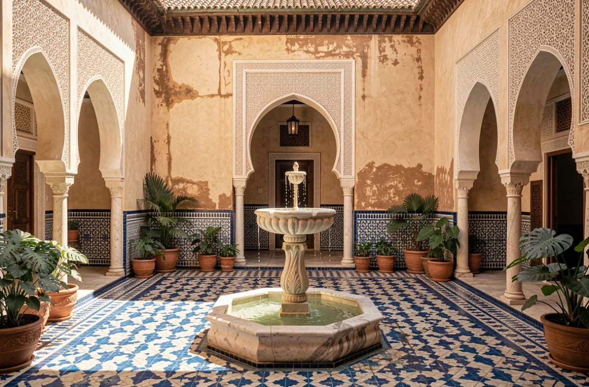 Cour intérieure de la Maison des Sultans avec fontaine en marbre et carrelage zellige traditionnel