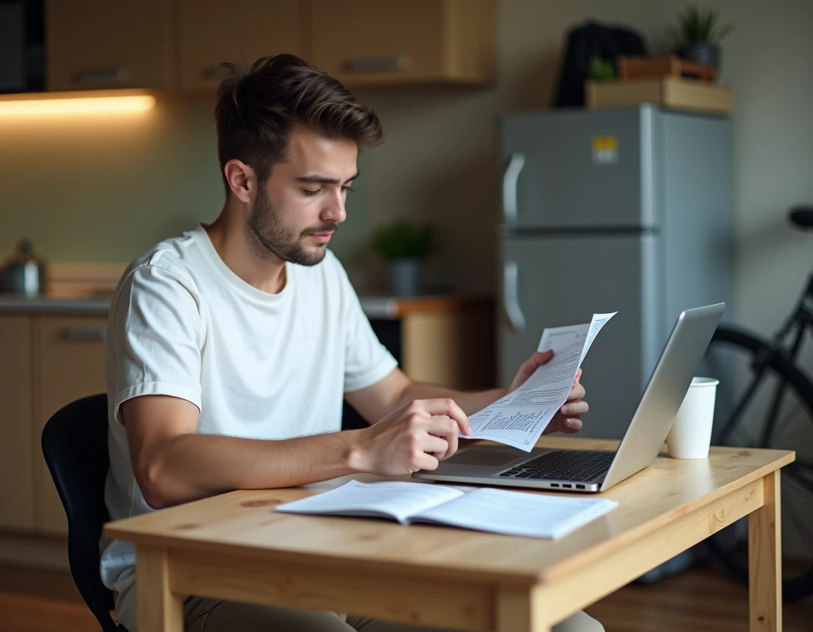 Étudiant comparant des offres d'assurance habitation sur ordinateur portable