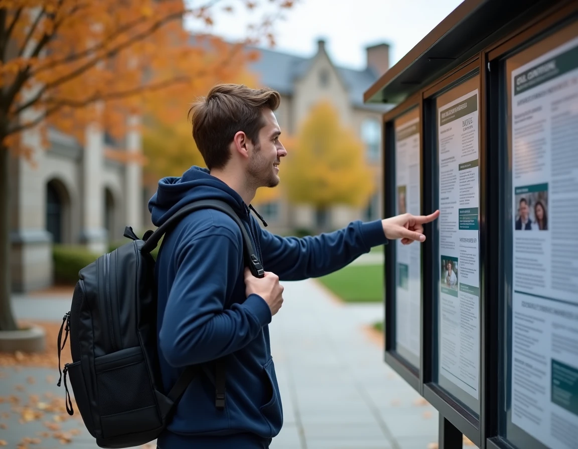 Étudiant en médecine consultant un panneau d'affichage sur le campus de l'université Paris-Est Créteil