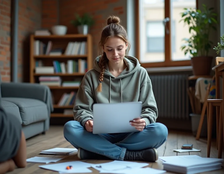 Étudiante lisant des documents d'assurance habitation dans son studio universitaire