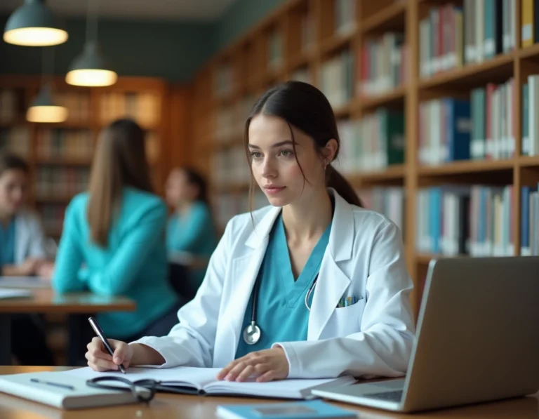 Étudiante en santé consultant le guide Cristolink UPEC sur son ordinateur à la bibliothèque universitaire