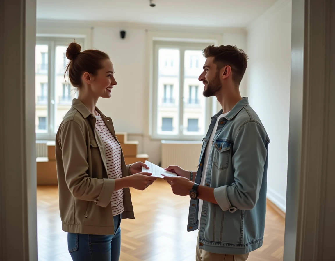 Deux étudiants discutant d'une assurance habitation à l'entrée de leur nouvel appartement