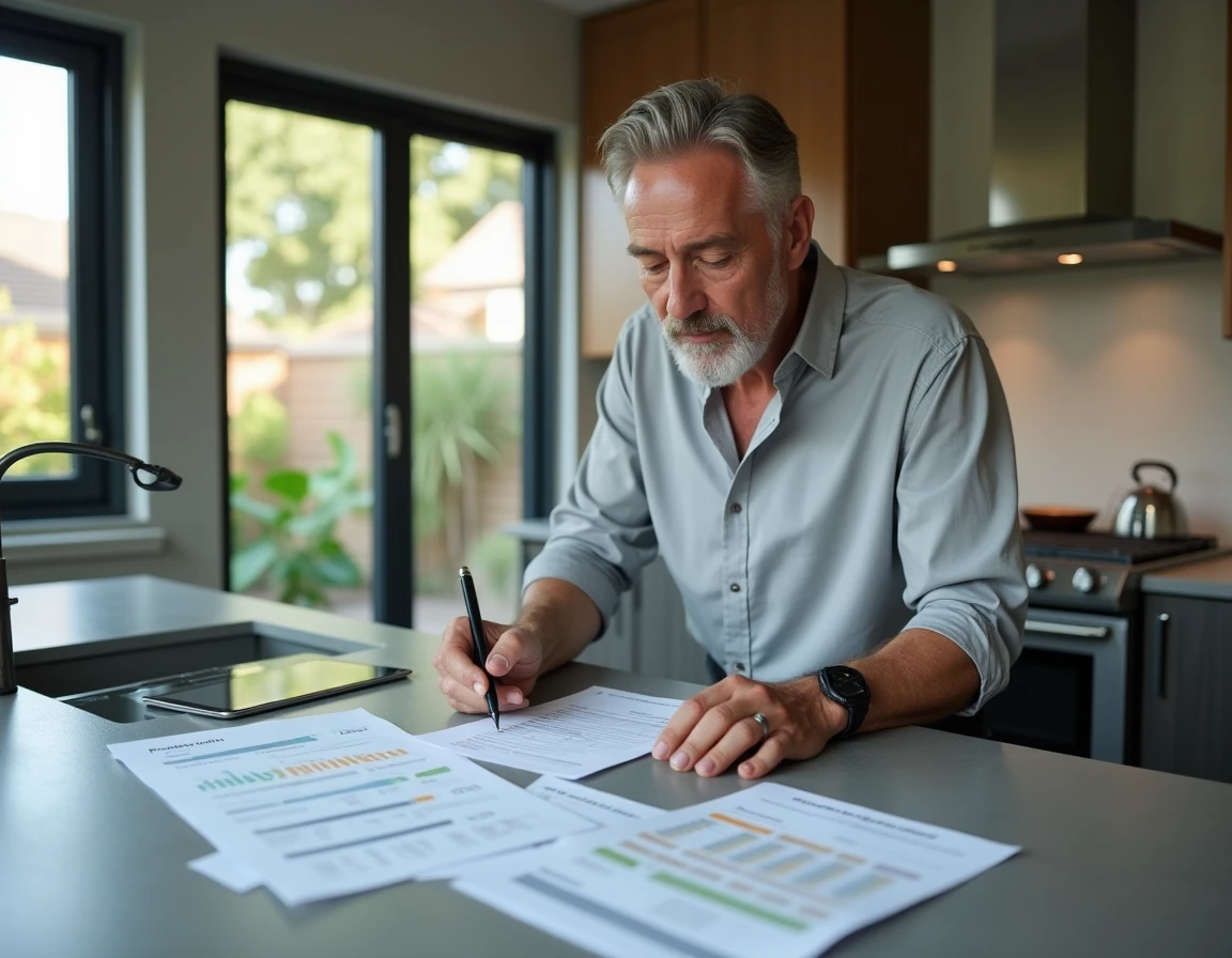 Homme consultant des relevés hypothécaires et documents d'évaluation immobilière dans une cuisine moderne