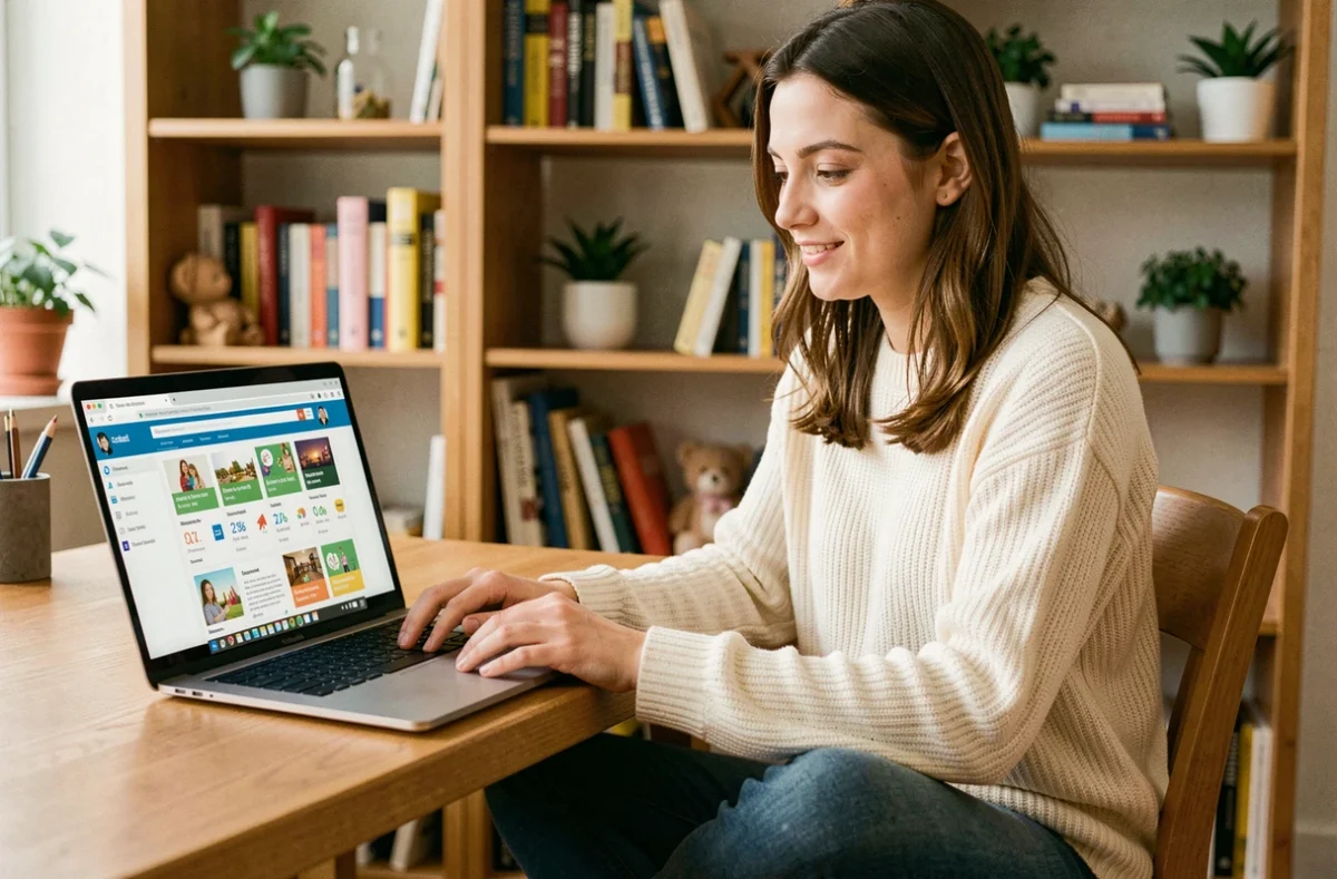 Jeune femme explorant les rubriques d'un site éducatif sur un ordinateur portable dans un bureau chaleureux