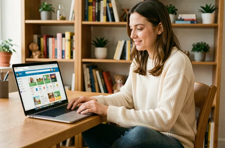 Jeune femme explorant les rubriques d'un site éducatif sur un ordinateur portable dans un bureau chaleureux