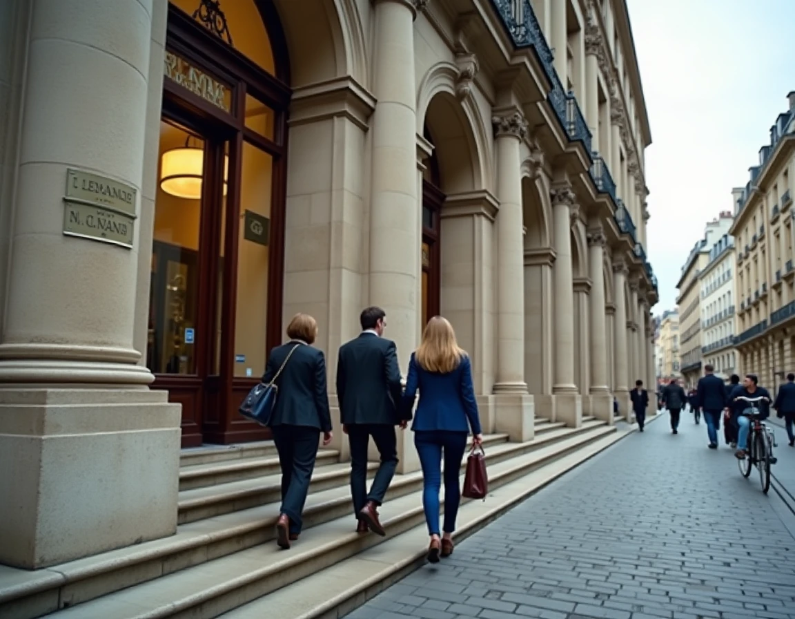 Façade d'une banque française classique avec des clients entrant dans l'établissement, évoquant la solidité et la confiance des institutions bancaires françaises