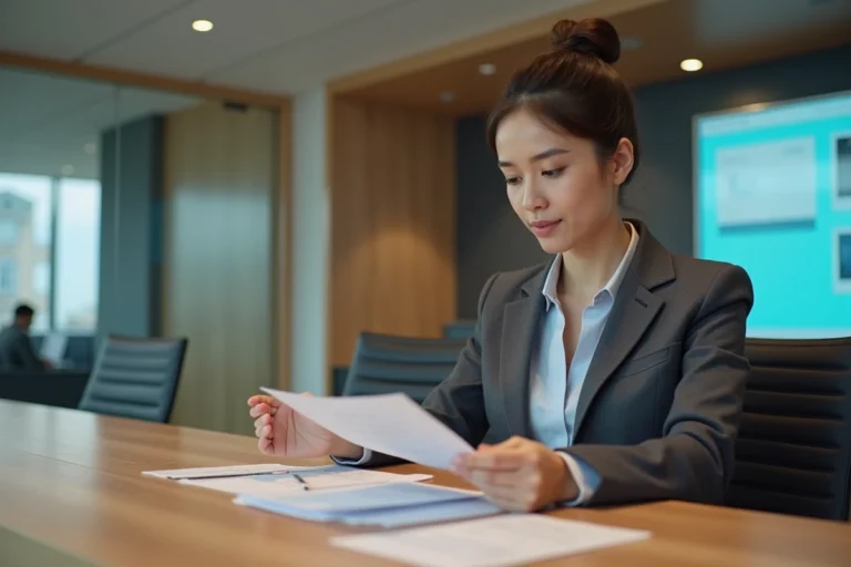 Femme d affaires dans une banque moderne lisant un document