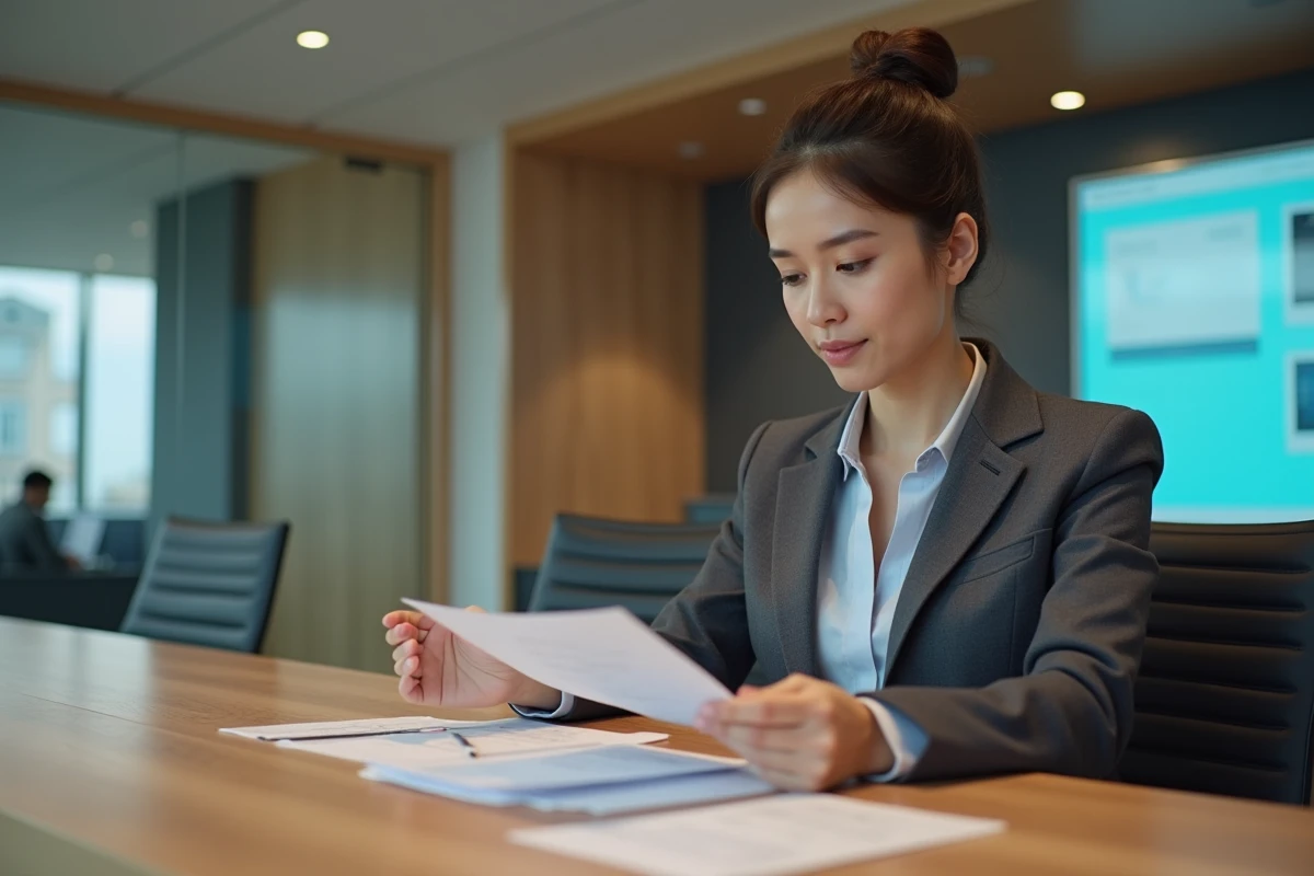Femme d affaires dans une banque moderne lisant un document
