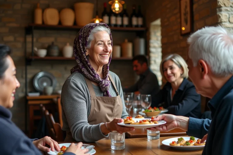 Femme basque âgée servant des pintxos dans une taverne traditionnelle