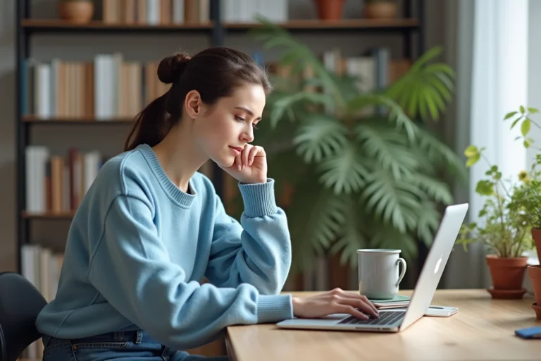 Jeune femme au bureau avec ordinateur portable et smartphone