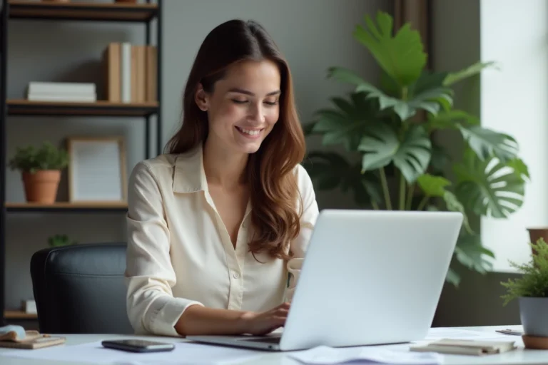Jeune femme au bureau travaillant sur un ordinateur portable