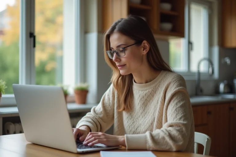 Femme concentrée sur son ordinateur dans un cadre cosy