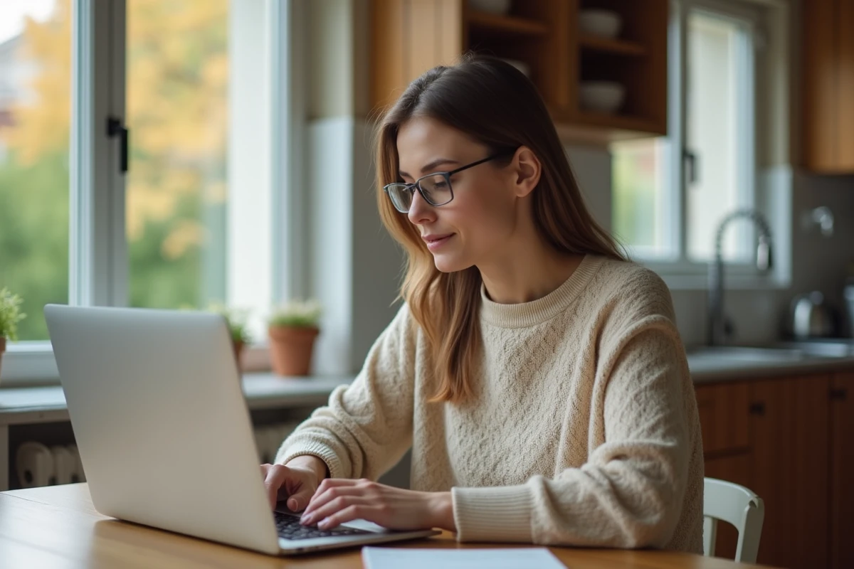 Femme concentrée sur son ordinateur dans un cadre cosy