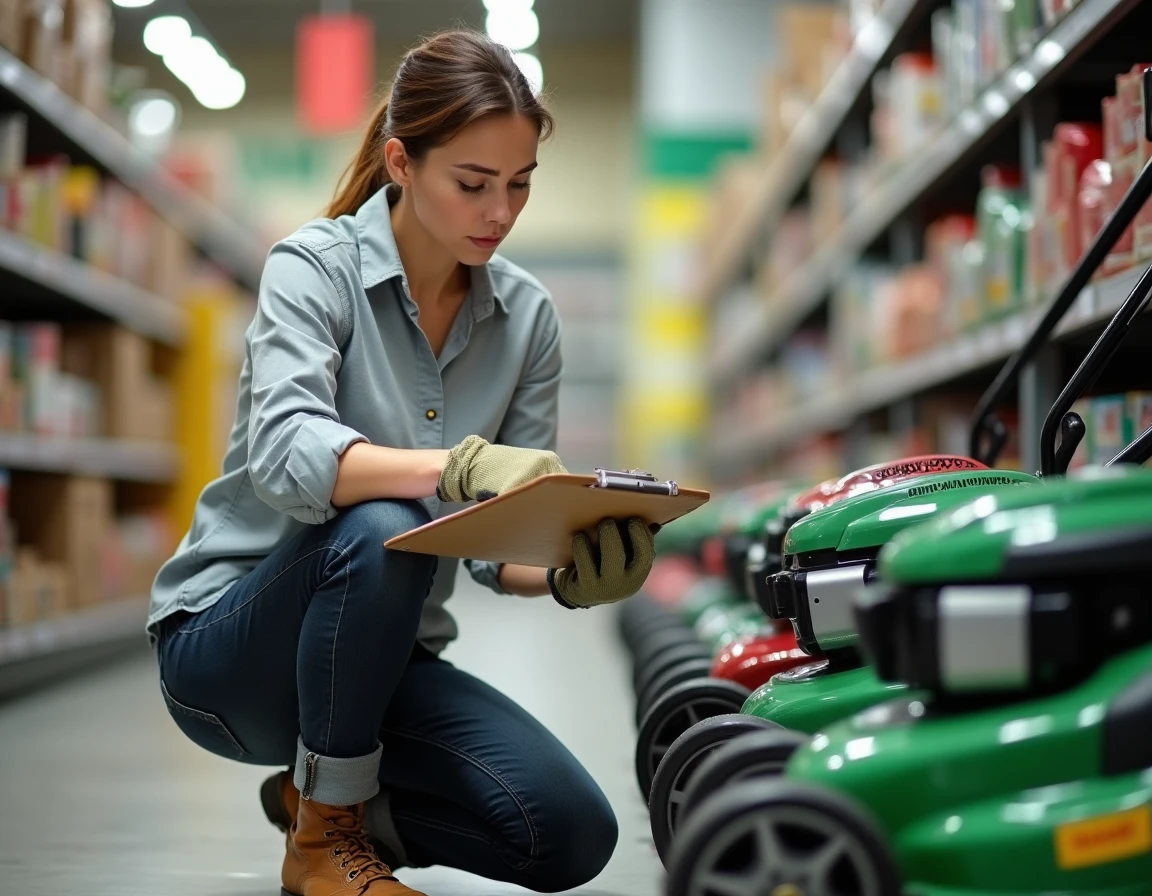 Femme en train de comparer des tondeuses électriques dans un magasin de jardinage, consultant un guide d'achat
