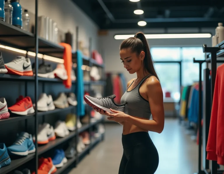 Femme choisissant des chaussures de sport dans un magasin d'équipement sportif avant de commencer le coaching