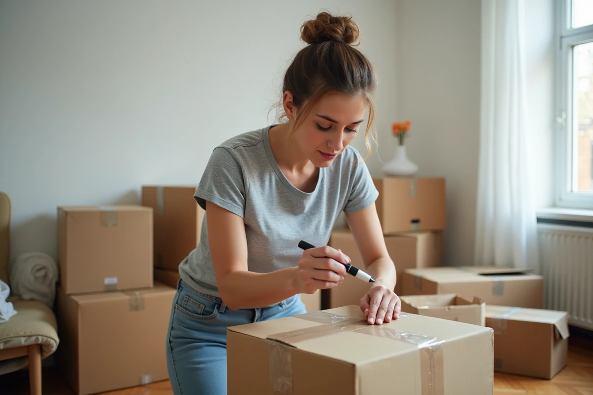 Femme organisant et étiquetant des cartons de déménagement dans un appartement partiellement emballé