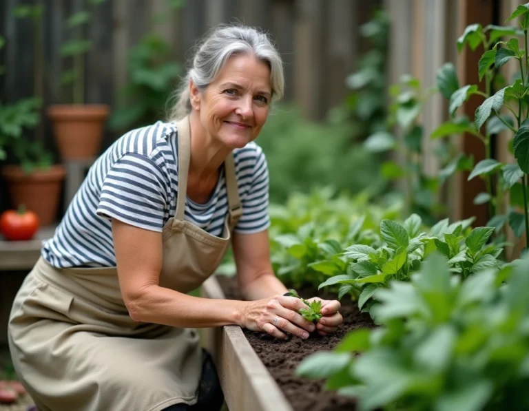 Femme jardinant dans un potager surélevé en bois avec tomates, laitues et haricots, les mains dans la terre