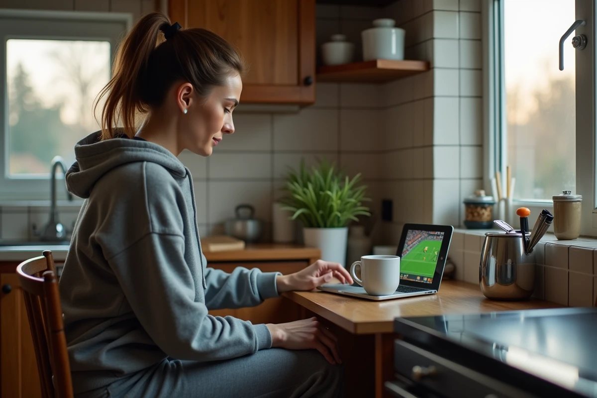Femme regardant un match de football sur son smartphone dans la cuisine