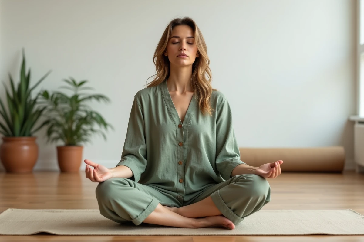 Femme en méditation dans un studio minimaliste, illustrant la connexion à sa fréquence vibratoire et l'échelle de Bovis