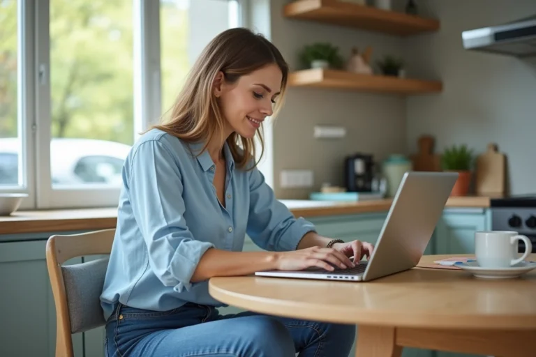 Femme en blouse bleue naviguant sur un laptop pour acheter une voiture