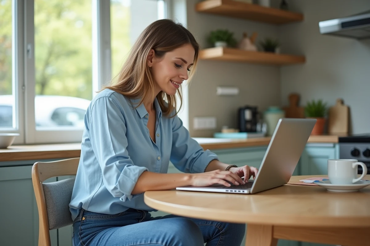 Femme en blouse bleue naviguant sur un laptop pour acheter une voiture