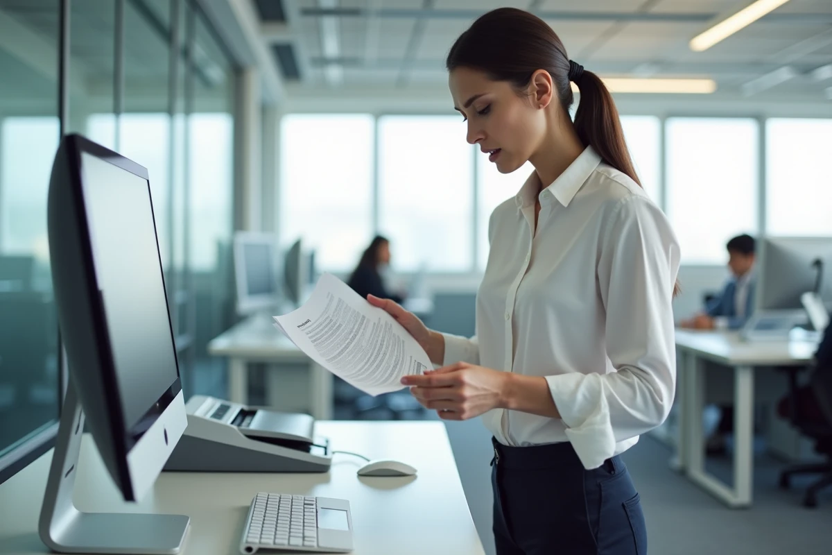 Femme professionnelle face à un scanner de documents et une application bloquée au bureau