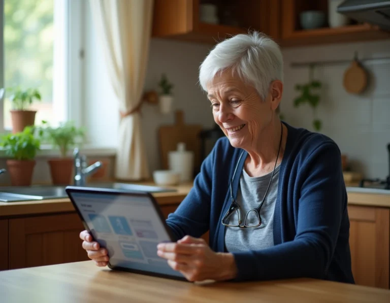 Femme senior utilisant une tablette tactile pour accéder à des services numériques dédiés aux personnes âgées dans une cuisine chaleureuse