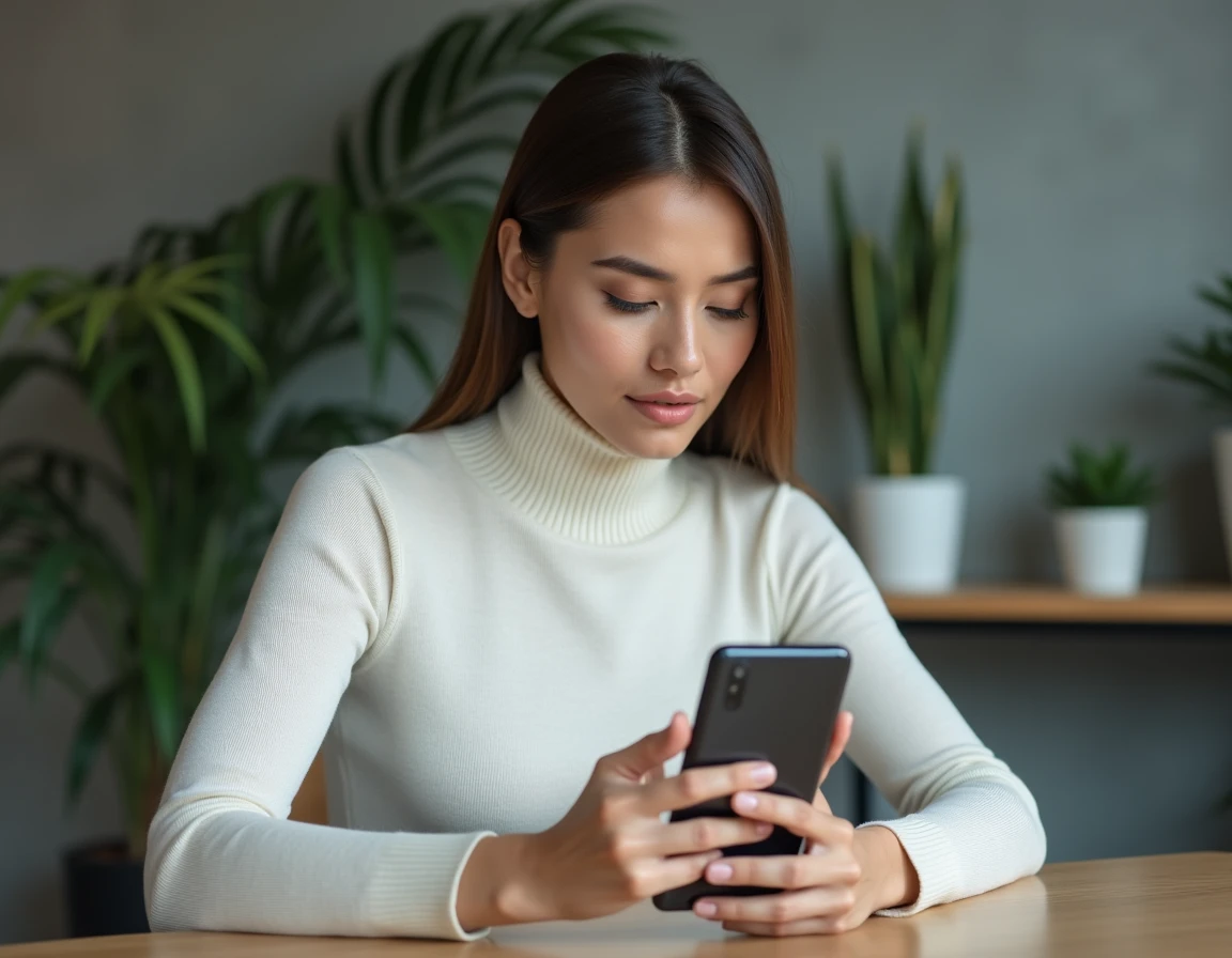Femme tenant un smartphone pliable à son bureau moderne, explorant les dernières tendances high-tech