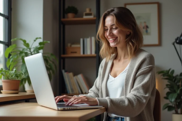 Femme souriante au bureau cosy avec ordinateur portable