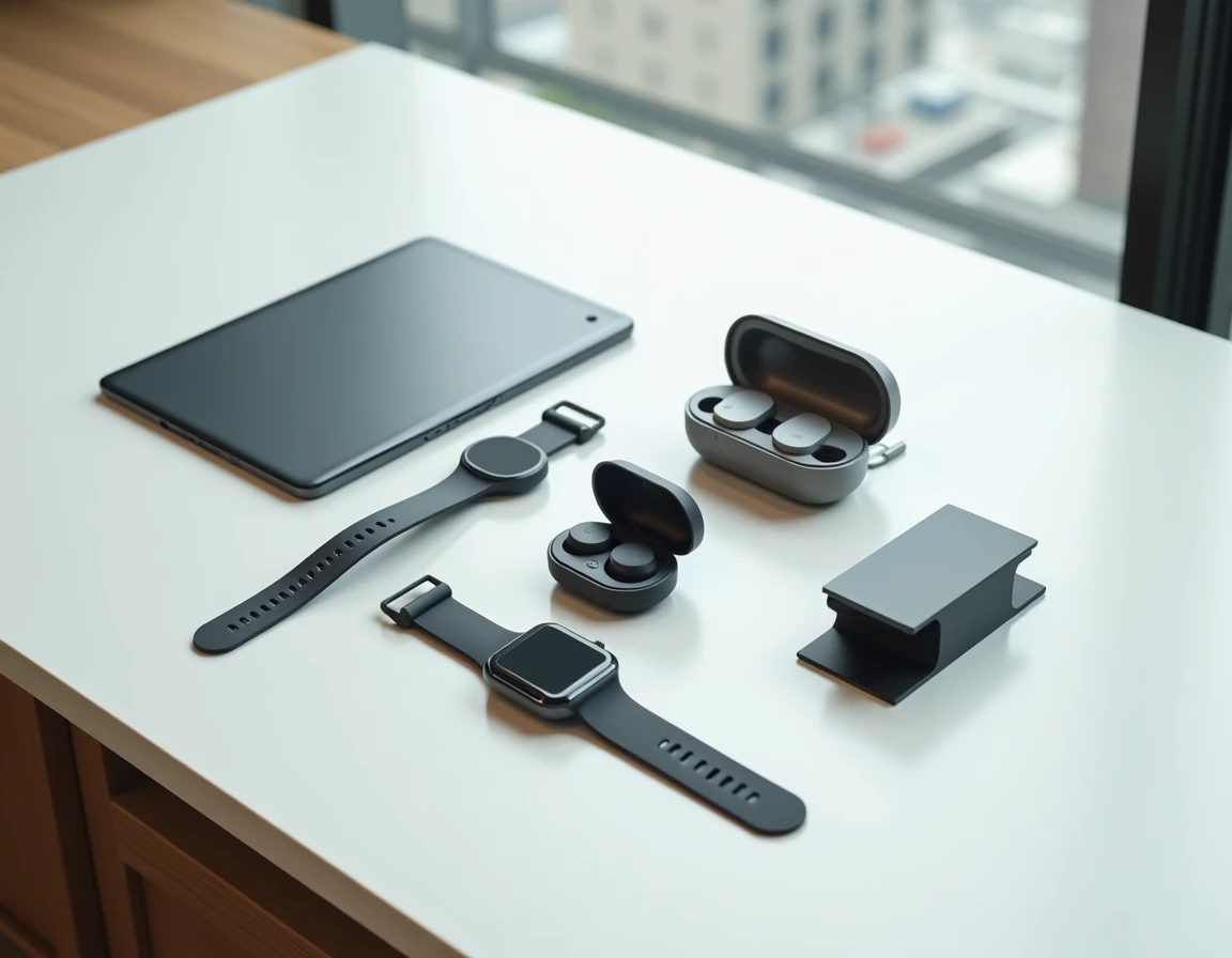 Flat-lay de gadgets high-tech tendance incluant smartwatch, écouteurs sans fil et tablette tactile