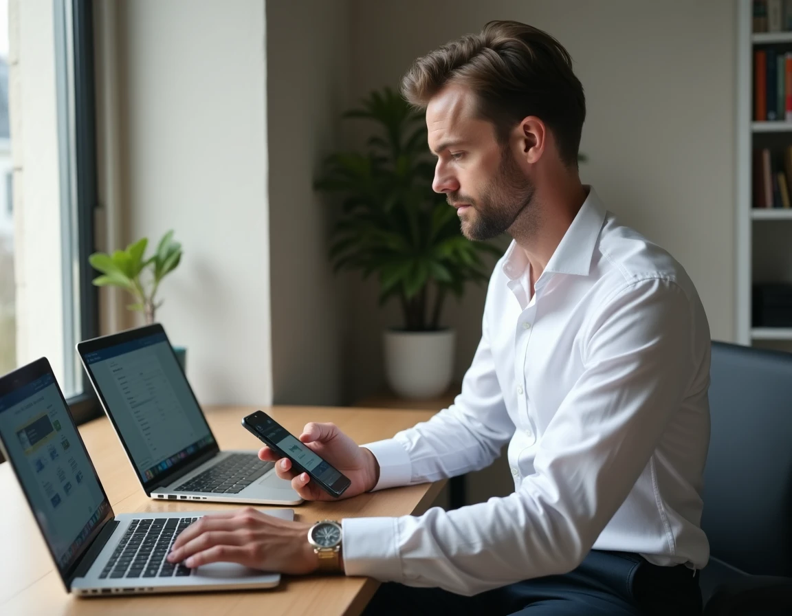 Homme gérant ses comptes bancaires en ligne depuis un appartement parisien, symbolisant la gestion numérique sécurisée dans les banques françaises