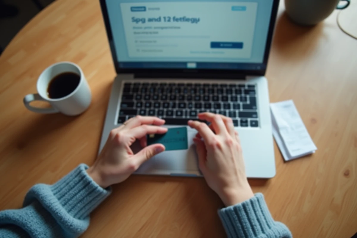 Gros plan de mains tapant sur un clavier d'ordinateur avec une carte bancaire lors d'un achat en ligne sans 3D Secure