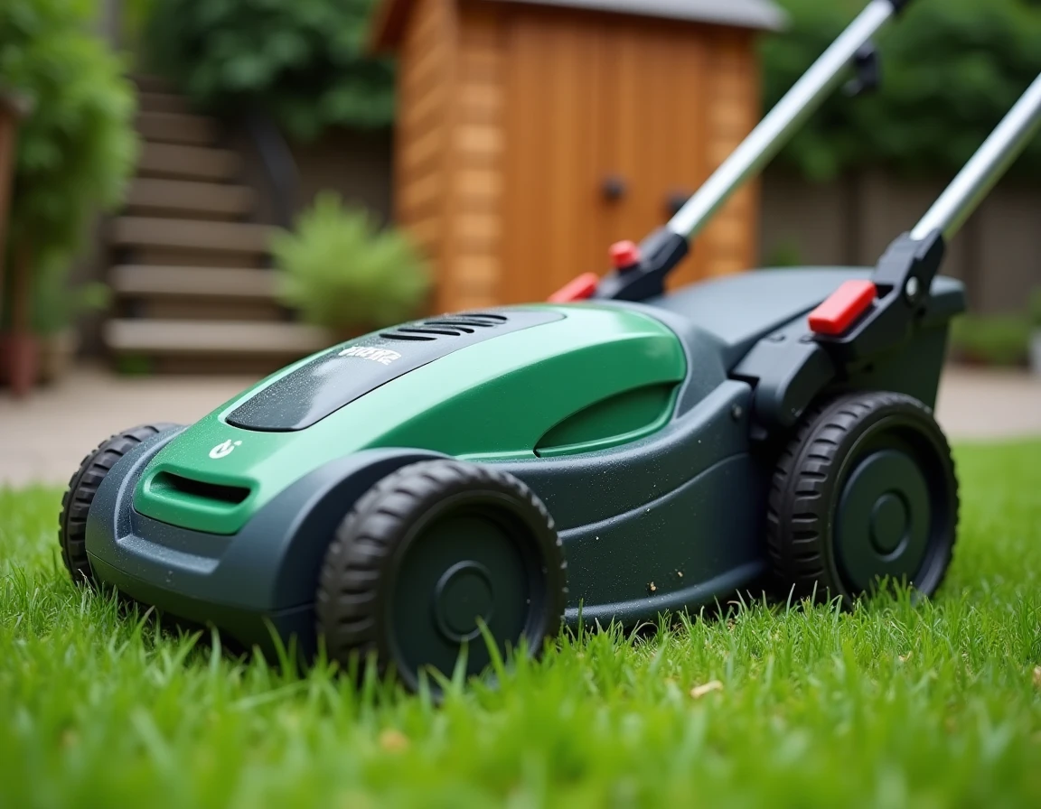 Gros plan d'une tondeuse électrique moderne posée sur une pelouse verte fraîchement tondue dans un jardin résidentiel