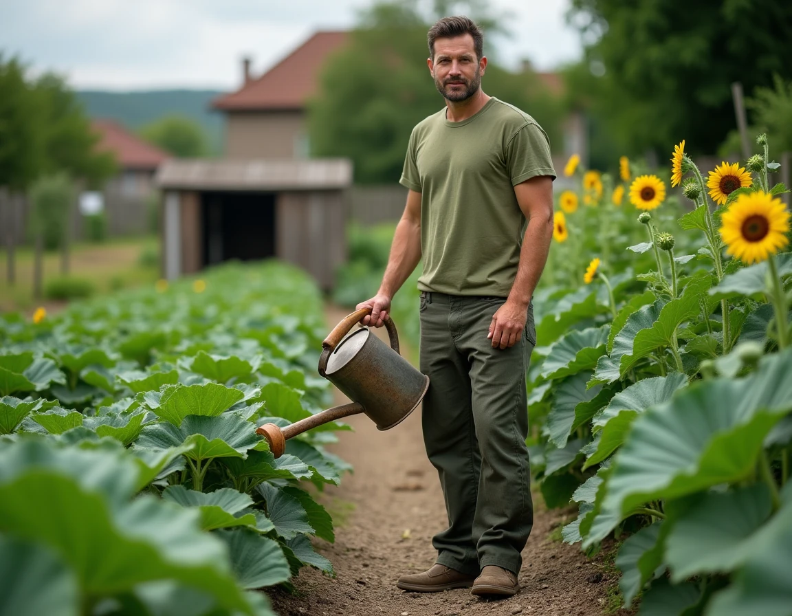 Homme arrosant un potager collectif avec courgettes, carottes et poivrons dans un jardin partagé