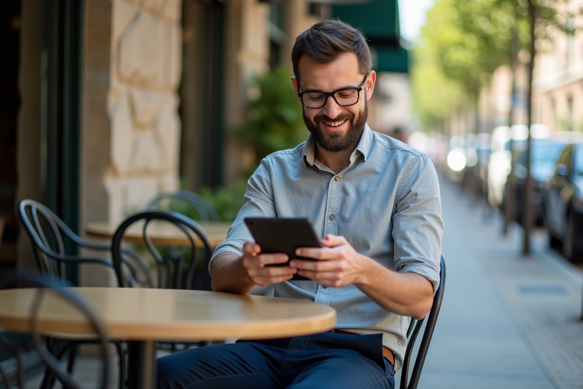 Homme au café avec tablette en milieu urbain dynamique